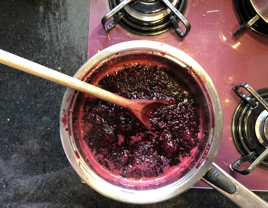 Making blackberry jam at home.